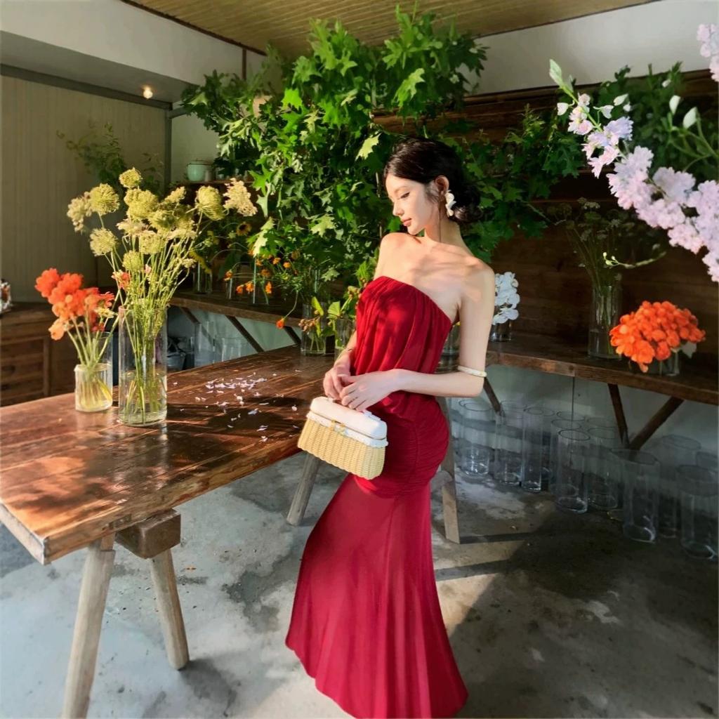 Red One-word Shoulder Sleeveless Dress Royal Sister Style Temperament Vacation Dress Birthday Party Dress Sexy Hip Dress
