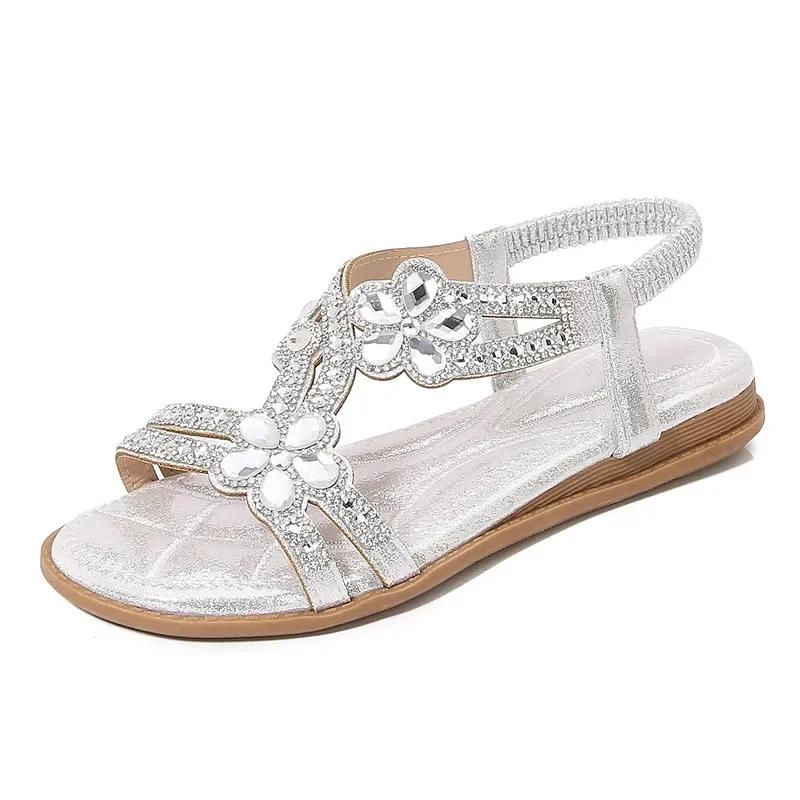 2026 Women Flat Rhinestone Sandals Bohemian Sandals Summer New Non Slip BeachElastic Low Heels Roman Sandals
