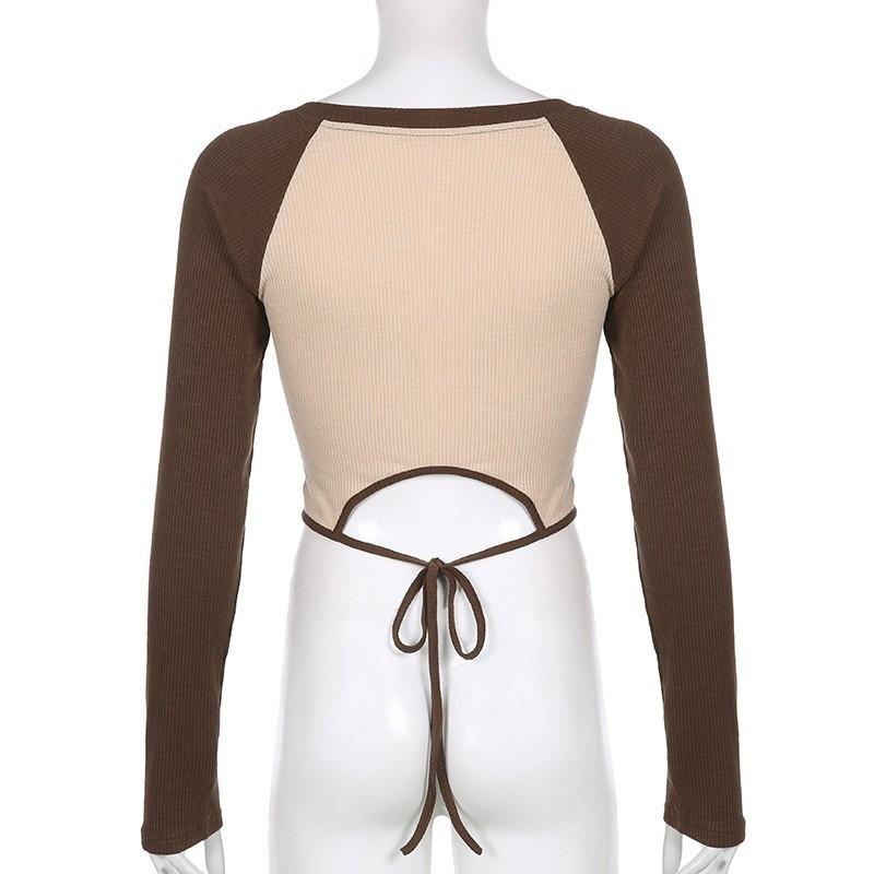 Y2K Retro Architectural Letter Print V-neck Contrasting Color Early Autumn Raglan Sleeves with Strap Base Top