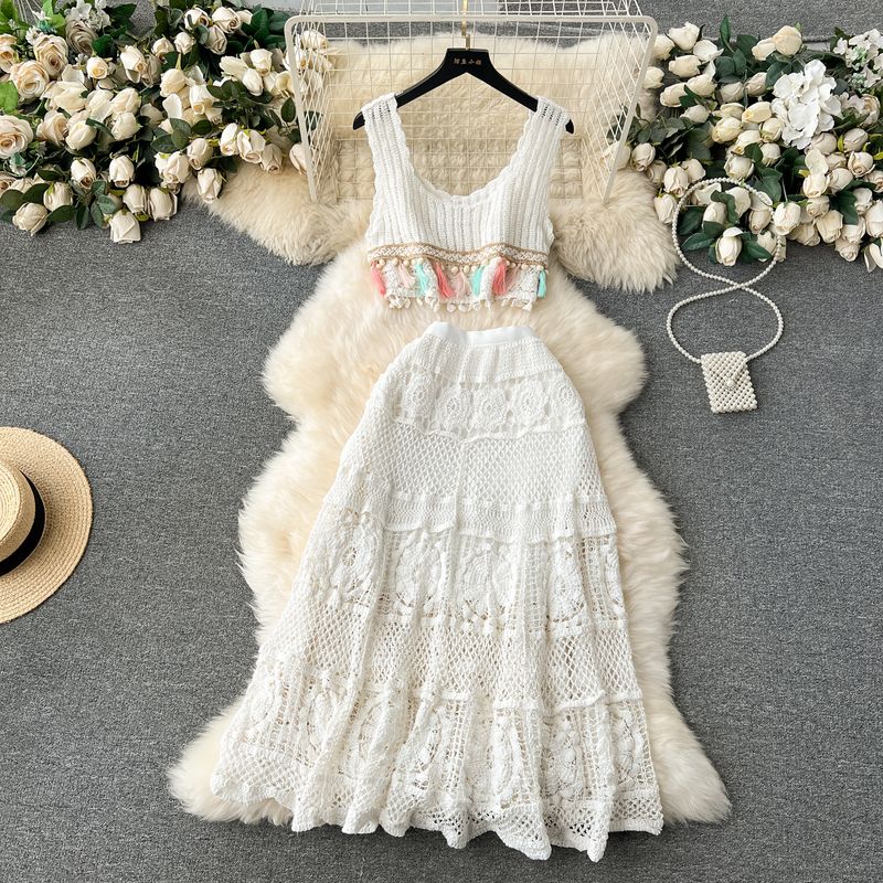 

Богемный костюм без рукавов из сетки, связанный крючком White One size