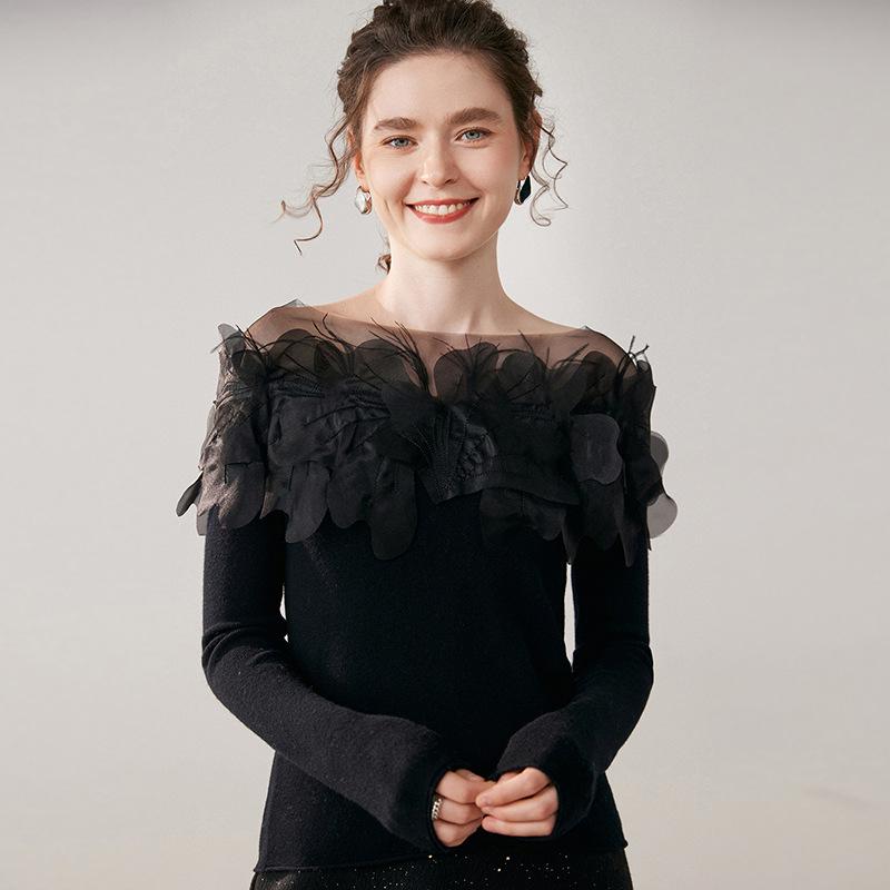 Swan Neck Cashmere Sweater with Hand-Embroidered Flowers: One-Shoulder, Sexy, and Three-Dimensional Feather Design