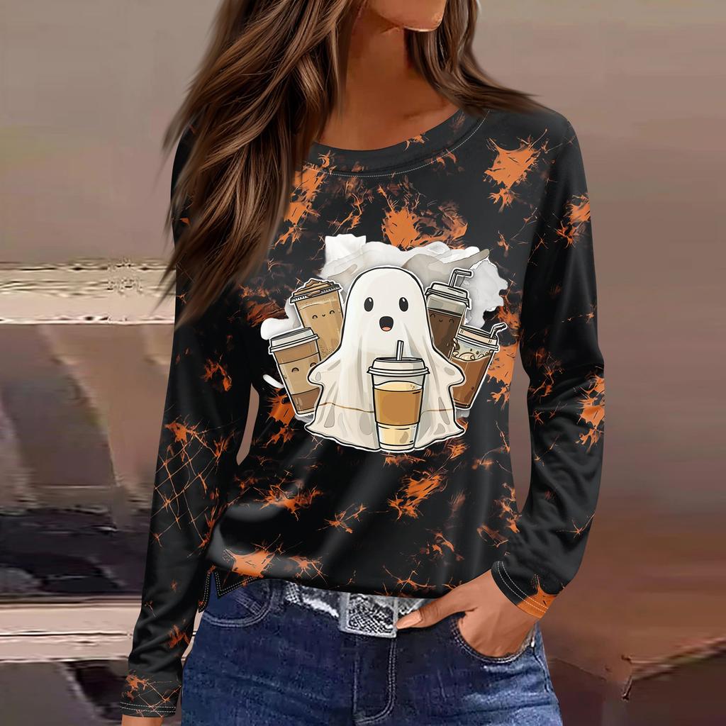 Women's Fashion Long Sleeve Tunic Top with Halloween Print and Side Slits - Round Neck Blouse for Party