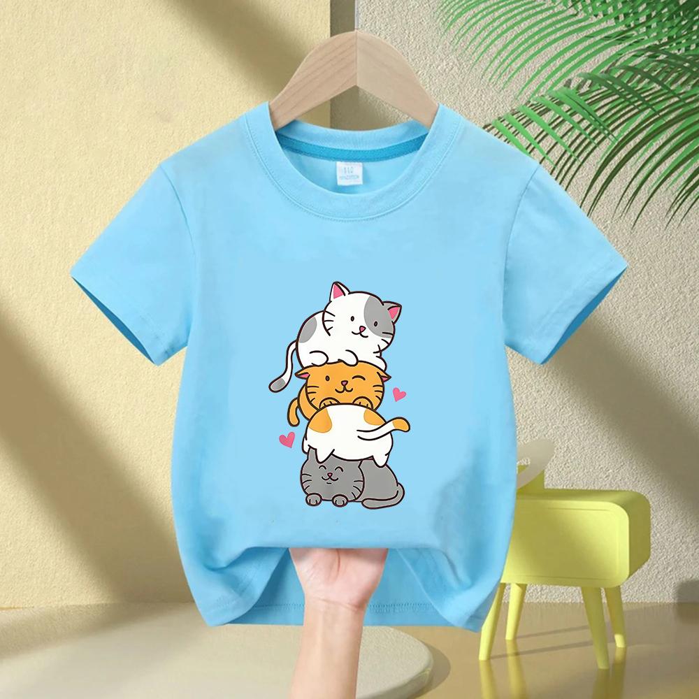 Cute Cat Graphic Kids Tshirts Summer Short Sleeve Tees Cartoon Animal Boys Girls Clothes Kawaii Kitten Tops Y2K Children Tshirt