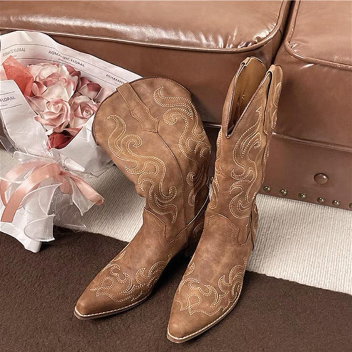 

Ботинки Maillard Ботинки Женские 2025 Новые Рыцарские Ботинки Ретро Вышитые V-образный вырез Западные Ковбойские Ботинки 42 коричневый