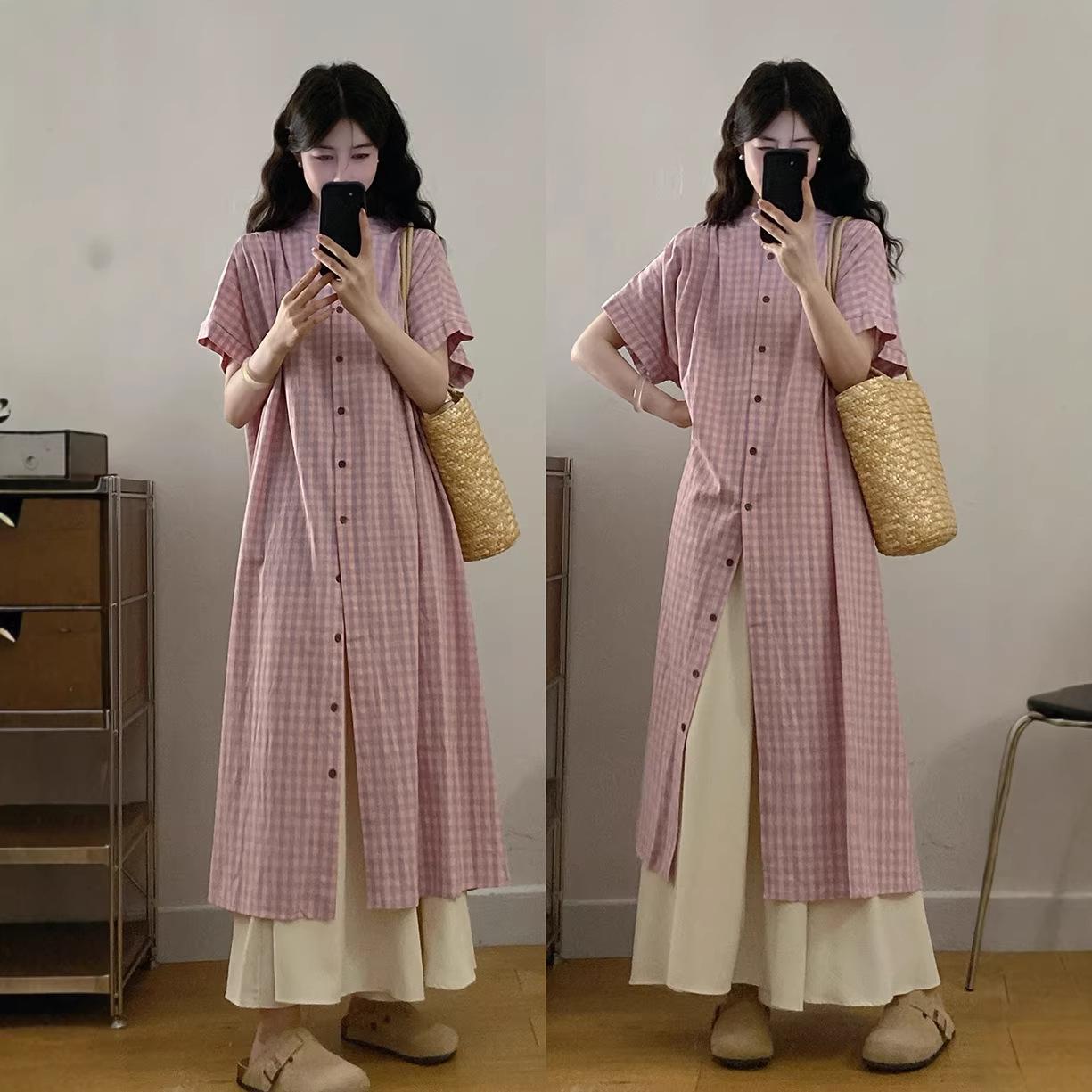 Women s Pink Retro Plaid Shirt Dress with Loose Wide-Leg Pants Set 4XL