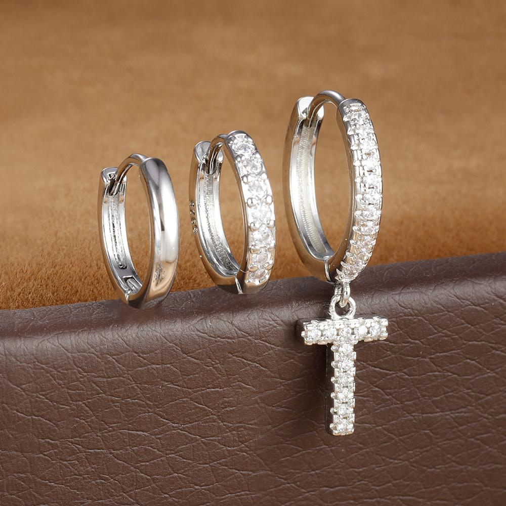 3pcs Silver Color Stainless Steel 26 Letters Hoop Earrings Set For Women A-Z Crystal Zircon Geometric Earrings Wedding Jewelry
