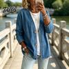 Talos Women's Button Front Faux Denim Jacket, V Neck Long Sleeve Casual Coat, Vintage Loose Fit Imitation Jeans Cardigan