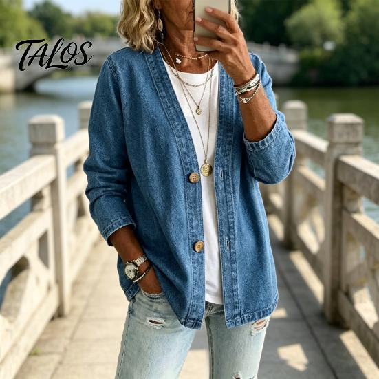 Talos Women's Button Front Faux Denim Jacket, V Neck Long Sleeve Casual Coat, Vintage Loose Fit Imitation Jeans Cardigan