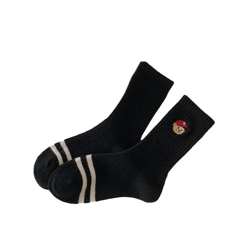 New Bear Wool Socks Women'S Medium Tube Socks Cute Embroidery Thickened Thermal Socks Do Not Slide Wool Socks