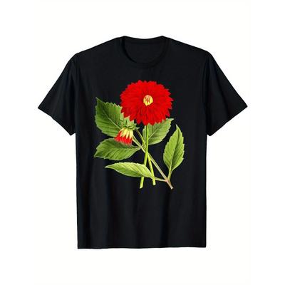European Size Women's Vintage Botanical Red Dahlia T-Shirt - with Large Green Leaf & Red Flower Print, Casual Short Sleeve Round Neck-Valentine's Day