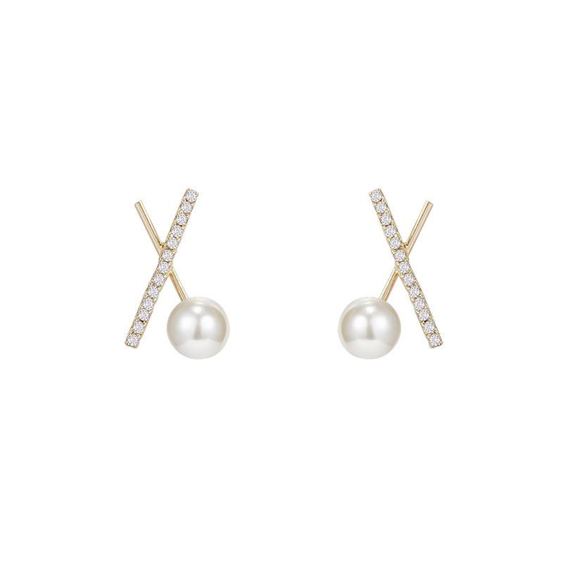 Silver Needle Retro Pearl Cross Earrings - Japanese & Korean Style