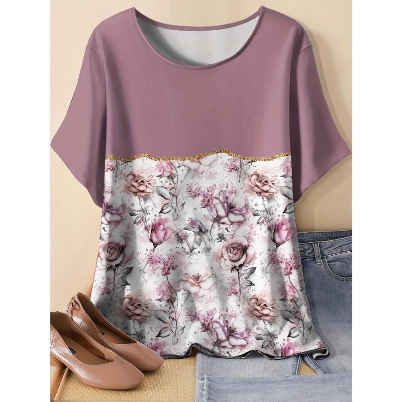 Summer Personalized Women's Directional Contrasting Color Floral All-over Printed Round Neck T-shirt Short-sleeved Top