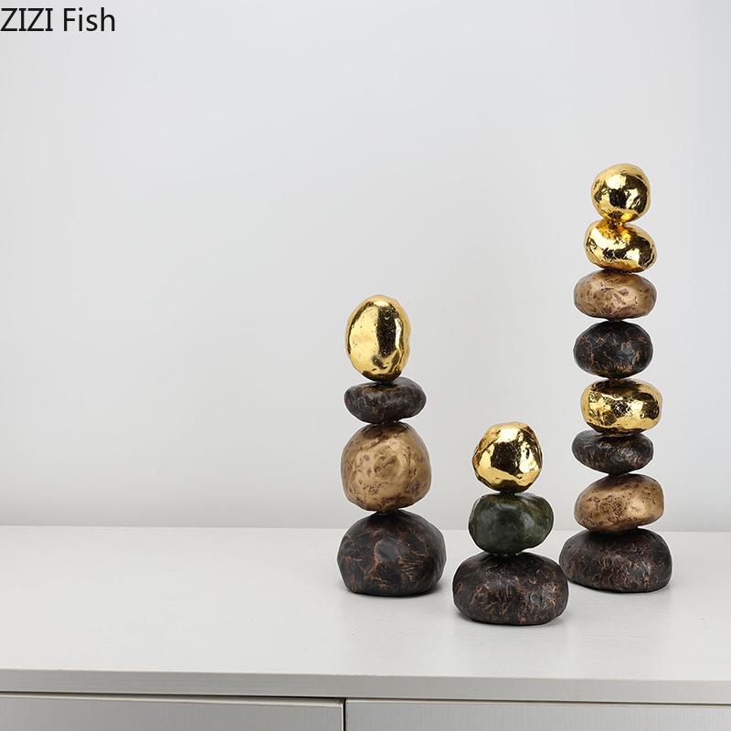 Simulated Stone Stacking Statue Desk Decoration Creative Gold-plated Stone Sculpture Resin Crafts Ornaments Room Aesthetic Decor
