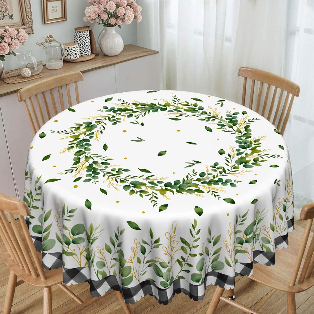 Pastoral Green Plant Round Table Cloth, Green Leaf Vine And Gold Embellishment Print, Fresh And Natural Table Decorative Cloth