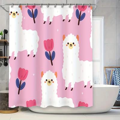 Cute Sheep Flower Print Shower Curtain for Bathroom Decoration Pink Tones with Llama Illustrations (180x240cm)
