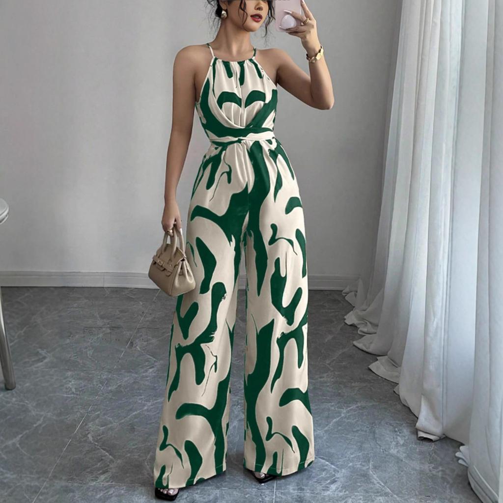 Women's Halter Neck Sleeveless Printed High Waist Wide Leg Jumpsuit Casual Summer Romper