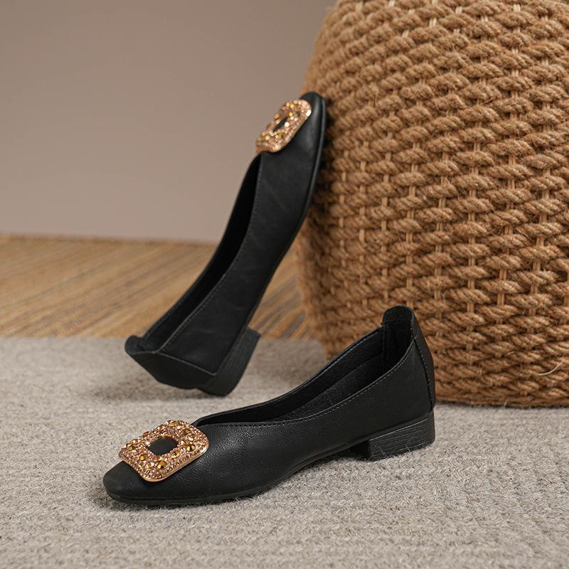 2025 neue Abendschuhe flach Strass eckige Spitze flacher Ausschnitt Frühling und Herbst Temperament Einzelne Schuhe schwarz Arbeit Damenschuhe