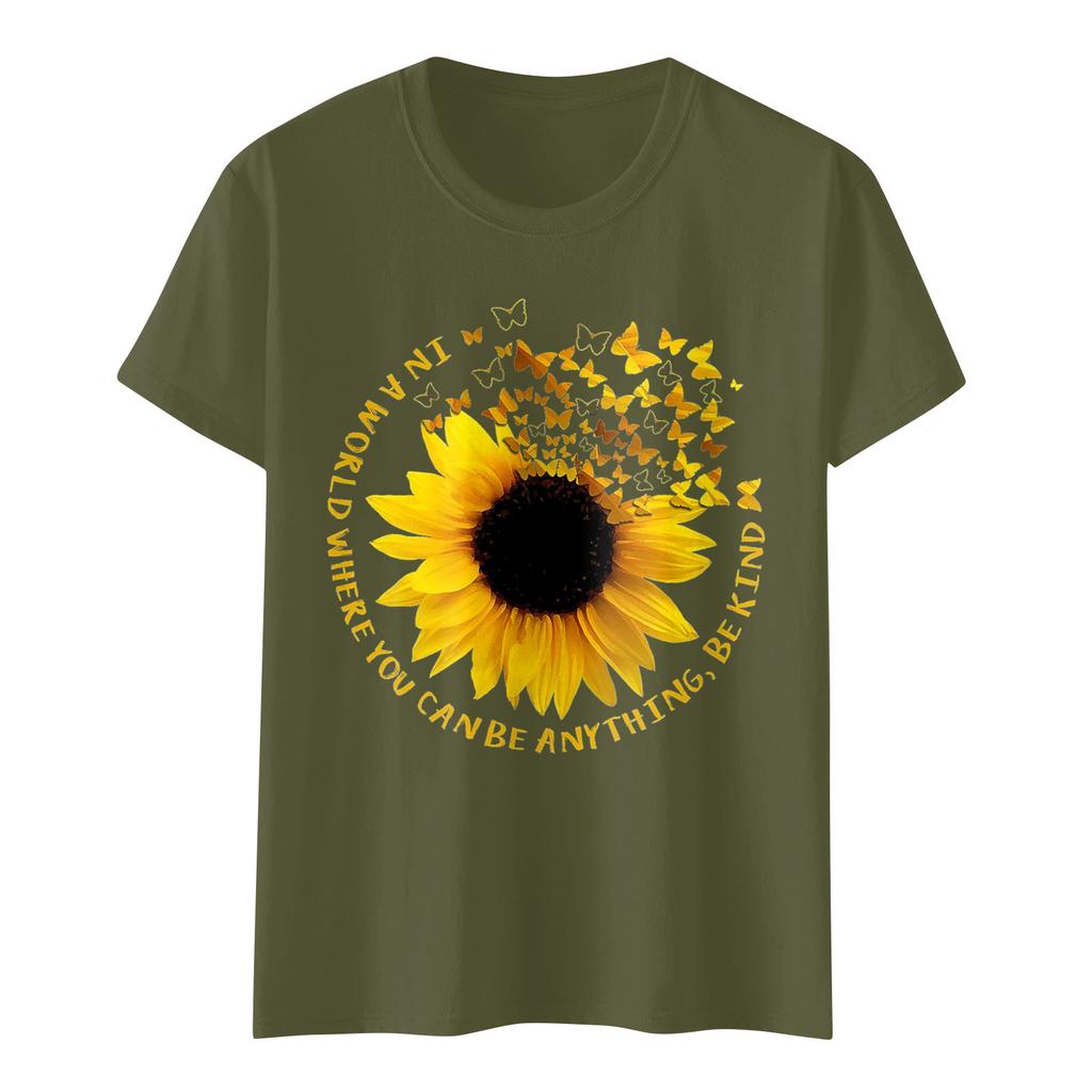 Sunflower Ladies Cute Print Short Sleeve Round Neck Front Shoulder Vintage Short Sleeve Summer Loose Shirt Top