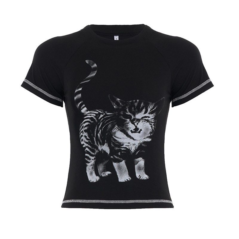 

Cute European and American Style Kitten Print T-Shirt, New Cross-Border Slim-Fit Solid Color Round Neck Top from Xi An Black S
