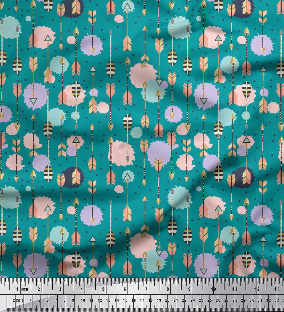 

Soimoi Blue Japan Crepe Satin Тканина Dot & Arrow Tribal Print Тканина на метри 42 дюйма 42 Inch Wide - Poly Crepe зелений