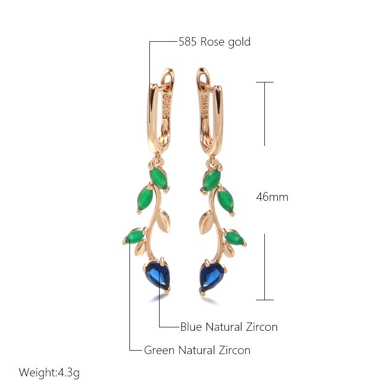 Long Leaf Drop Earrings For Women Rose Gold With Shiny Green Natural Zircon Accessories Vintage Daily Fine Jewelry