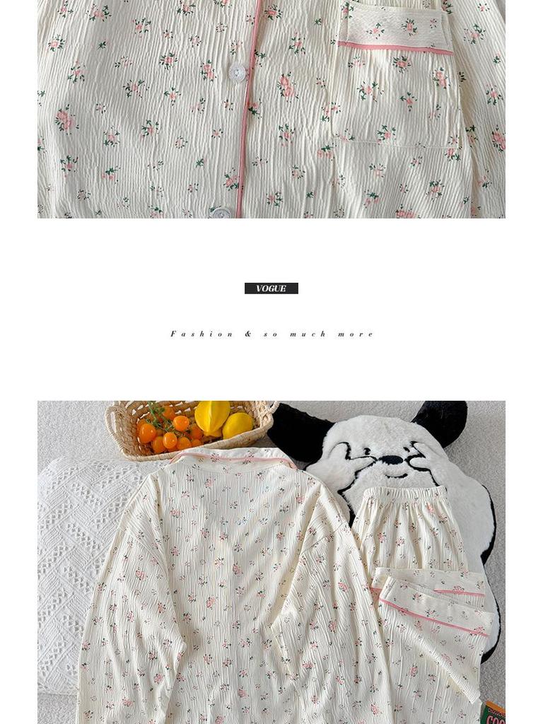 Women's High-End Crinkle Fabric Pajama Set - Long-Sleeved, Long Pants, Autumn Cardigan, Sweet Floral Pattern, Suitable for Outdoor and Home Wear.