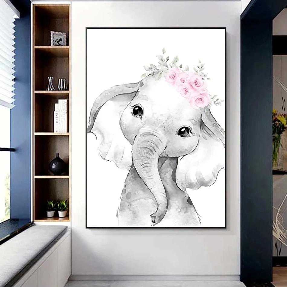 Canvas Painting Cartoon Animals Baby Nursery Pink Flower Lion Tiger Giraffe Poster Print Wall Art for Girls Bedroom Home Decor