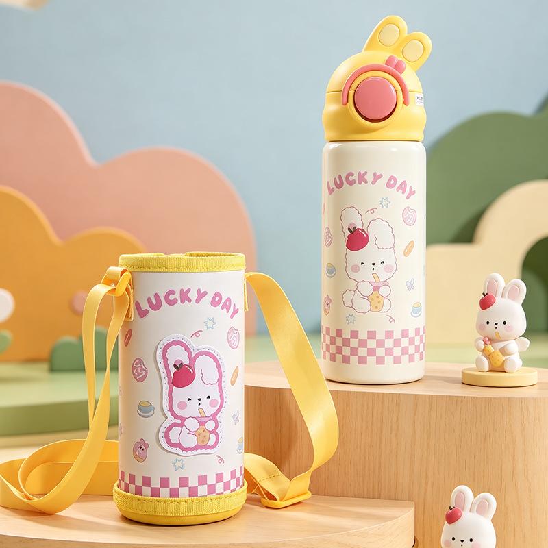 Cartoon leather cup cover bouncing 111 stainless steel thermos cup kindergarten baby drinking cup double cover straw cup