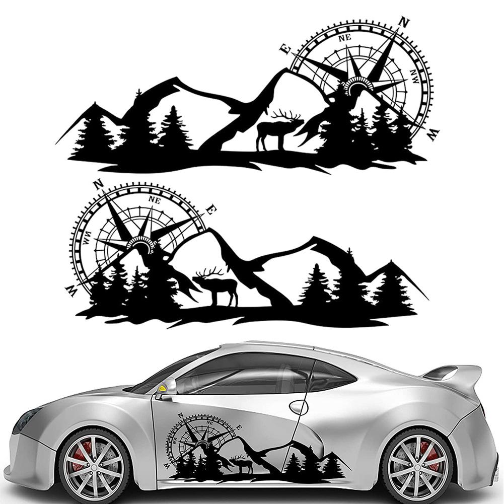 Large Car Decals Compass Tree Mountain Deer PVC Stickers Vinyl Graphic Waterproof SUV RV Styling Decoration Exterior Accessories