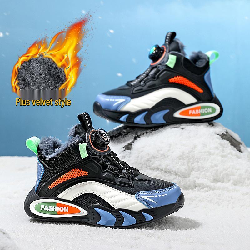 Boys' Fleece-Lined Waterproof Winter Sports Shoes - New 2025 Style, Lightweight, Non-Slip, Leather Running Shoes