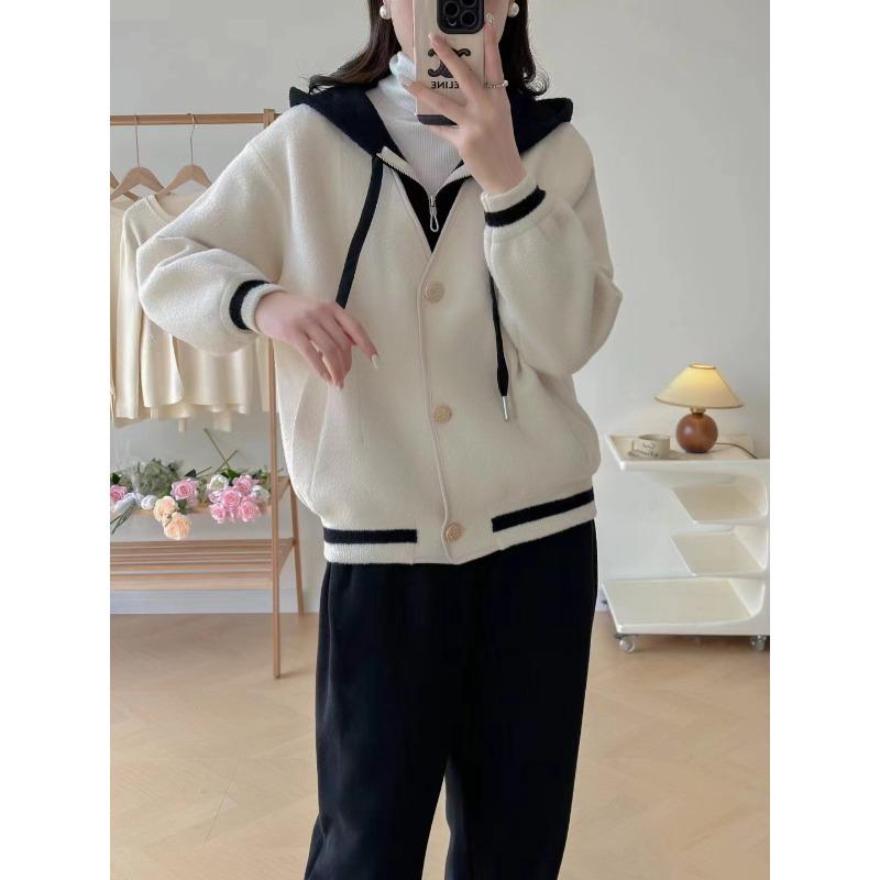Autumn and winter new thickened jacket woolen hooded knitted cardigan women's casual versatile color matching loose women's coat