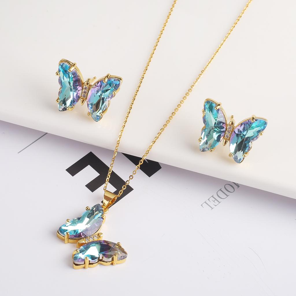 2PC Crystal Transparent Butterfly Pendant Necklace Earrings Jewelry Set Women's Luxury Gold Plated High Quality Gift