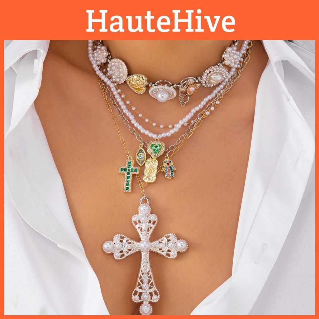 Style Layered Cross Pendant Necklace With Rhinestone Embellishments For Women