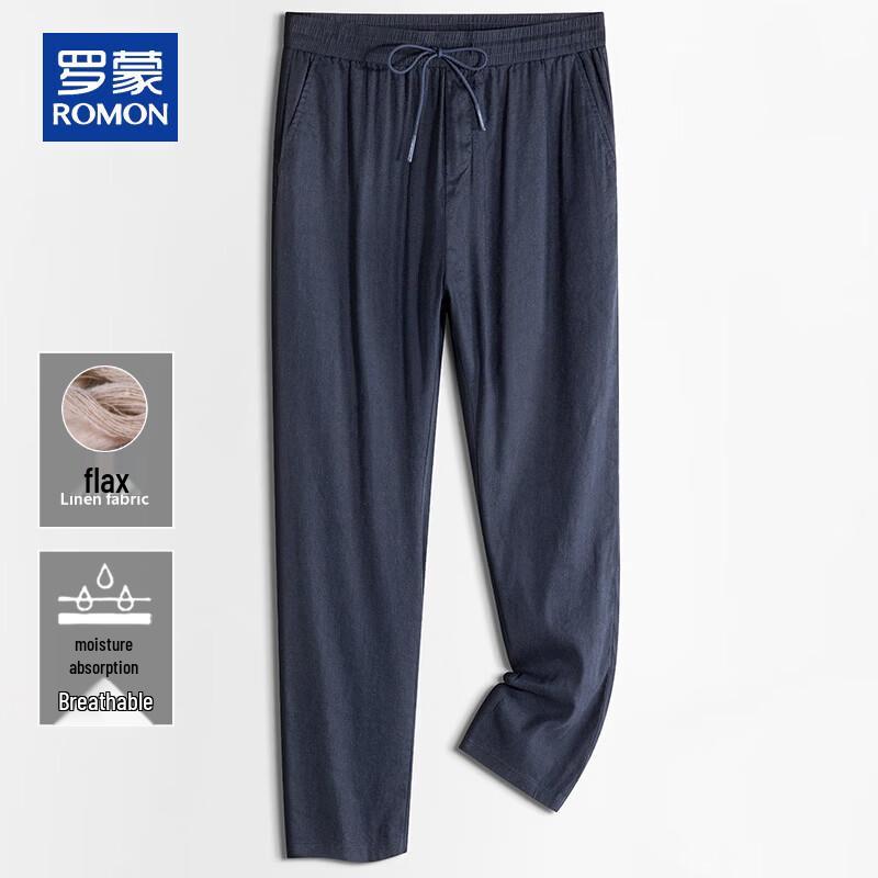 ROMON Men s Summer Linen Drawstring Straight Casual Pants 3XL