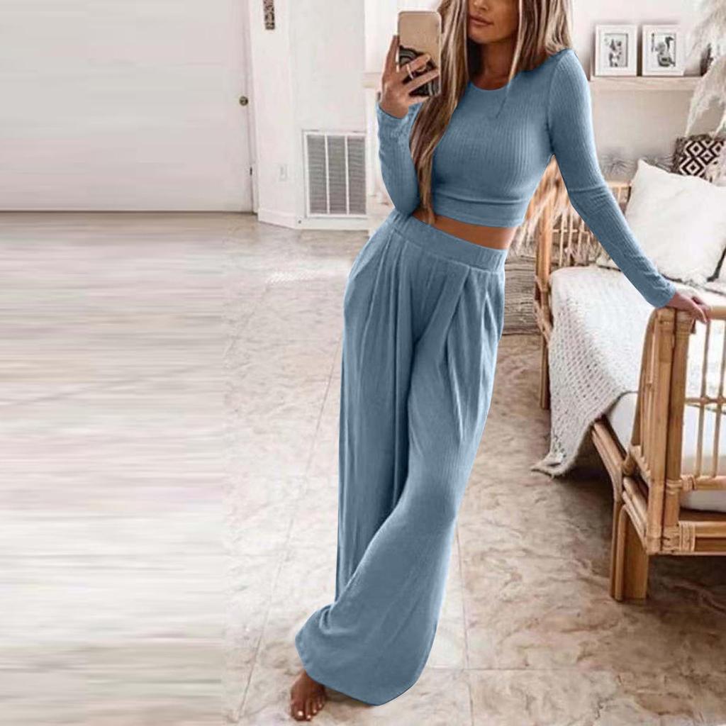 Women's Solid Color Knitted Casual Two-Piece Set - Autumn/Winter Collection