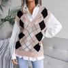 Dame Vår Høst Strikket Vest Genser Genser Topp V-hals Ermeløs Diamond Patchwork Stitching SL