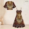 Women Plus Size White Printed Two Piece Set Batwing Sleeve Cropped Shrug Strappy Flared Dress