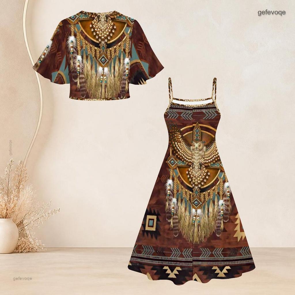 Women Plus Size White Printed Two Piece Set Batwing Sleeve Cropped Shrug Strappy Flared Dress