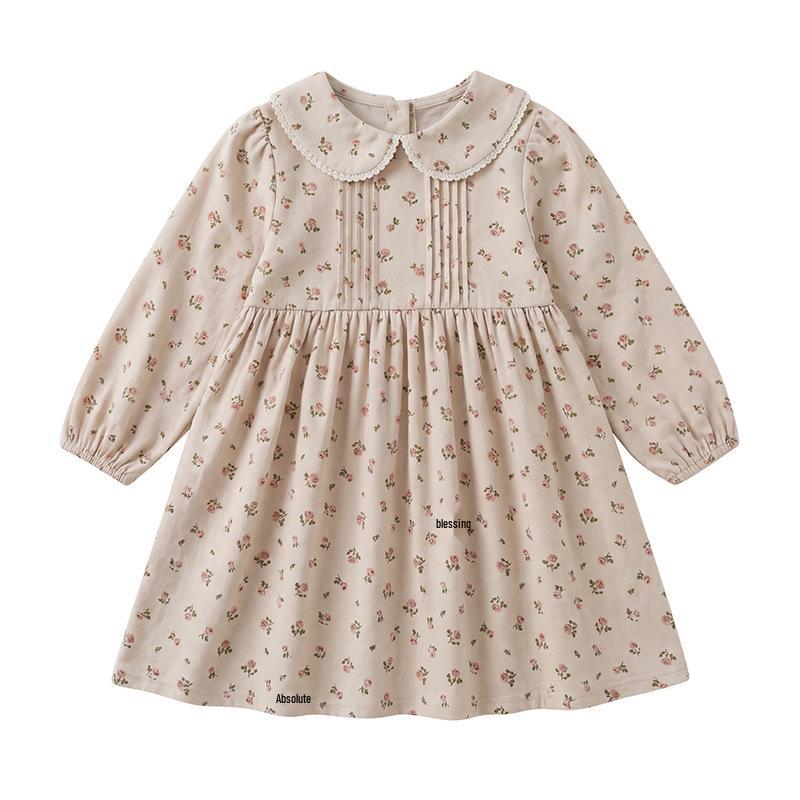 French Floral Doll Collar Long Sleeve Dress: Autumn 2026 Lace-Pleated Princess Style for Girls