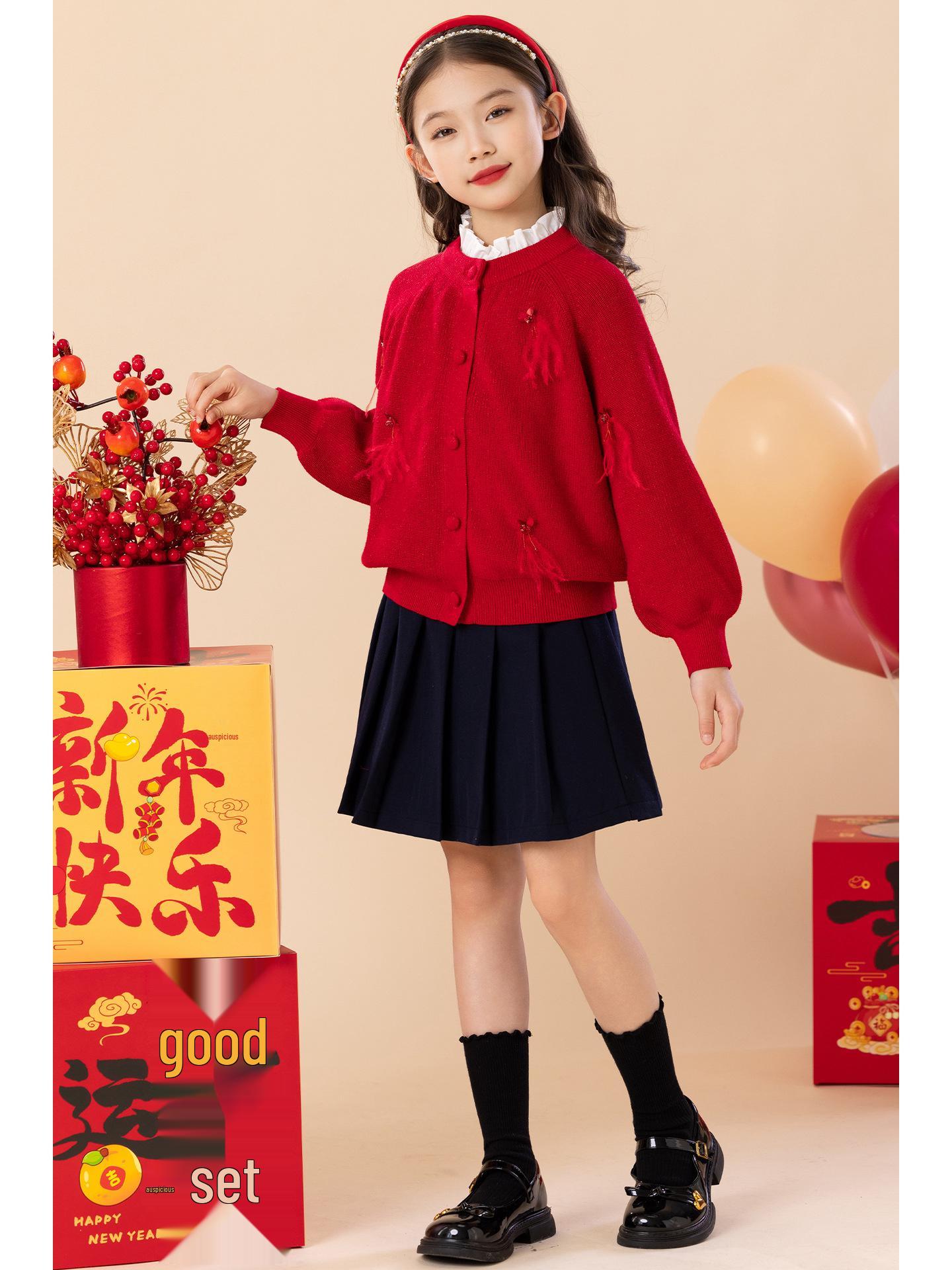 2025 Chinese Style Red Girls  Sweater - Autumn/Winter National Fashion for Children 160 cm