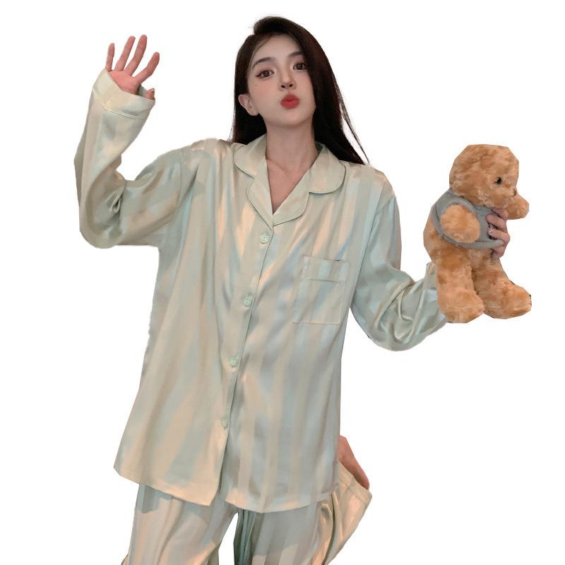 Autumn Green Small Fresh Stripes Comfortable Thin Can Be Worn Outside Pajamas Two-Piece Set Women