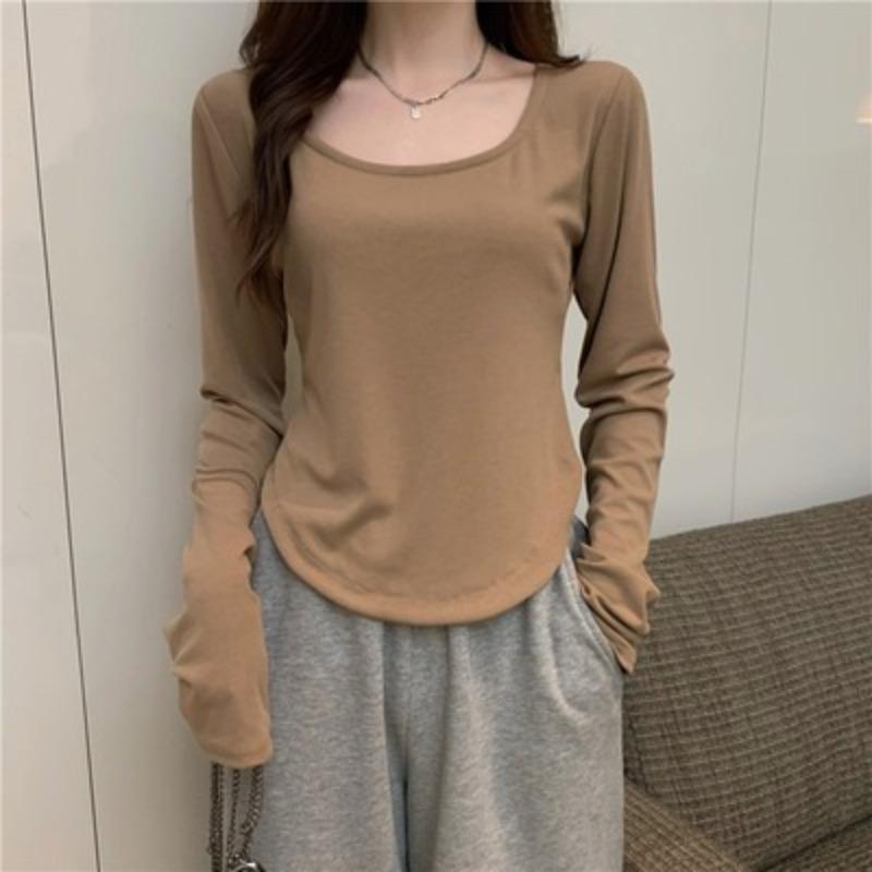 

Long-sleeved T-shirt Women s Autumn and Winter New Trendy Irregular Casual Short Top Girl Bottoming Shirt 2XL хаки