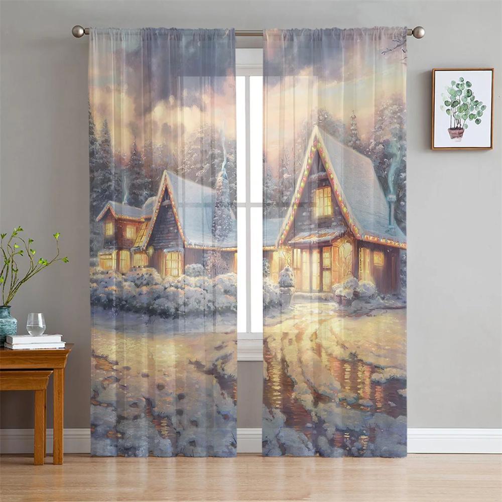 Snowing Red Shiny Christmas Tree Tulle Curtains for Living Room Decoration Bedroom Sheer Curtains Room Kitchen Window Treatment