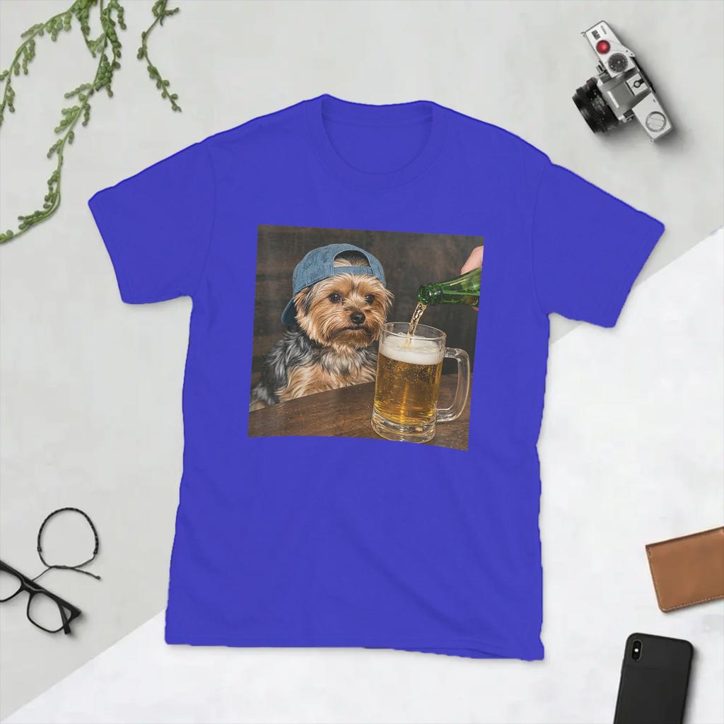 Unisexs Yorkie Drinking Beer Funny Dog Meme T Shirt Pure Cotton Clothes Amazing Short Sleeve Crew Neck Tee Shirt Party Tshirts