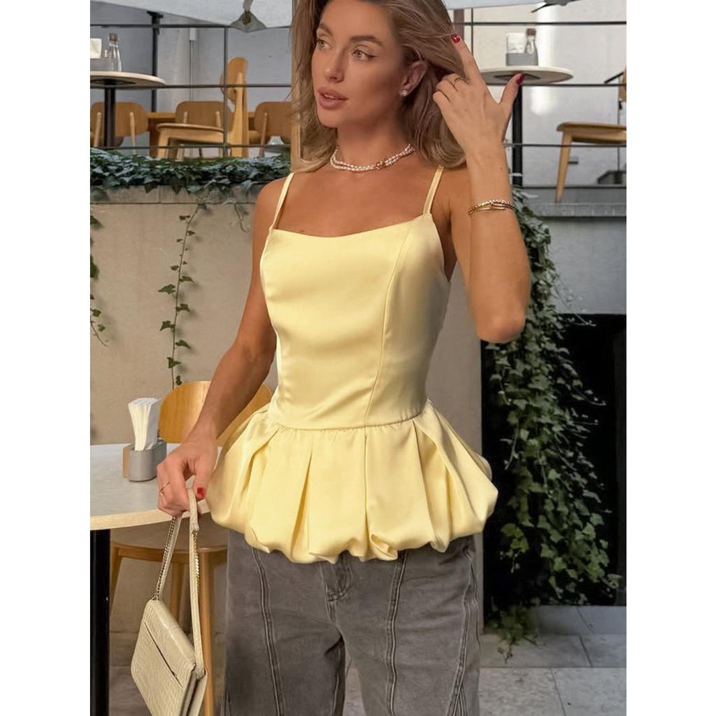Top Peplum sin Mangas con Escote Corazón para Mujer Ajustado Elegante Color Sólido Blusa Camisola