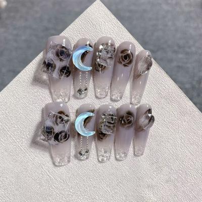 100% HANDMADE Long Coffin Shape Fake Nail Set with Glue Long Crushed Ice Blue Moon Press On Nails Acrylic Fake Nails Reusable Fake Nails