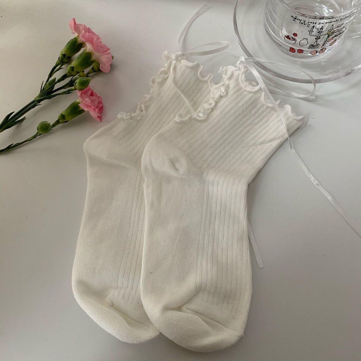 

Women s Cute Japanese Lolita Short Socks with Lace Trim & Ribbon One Size