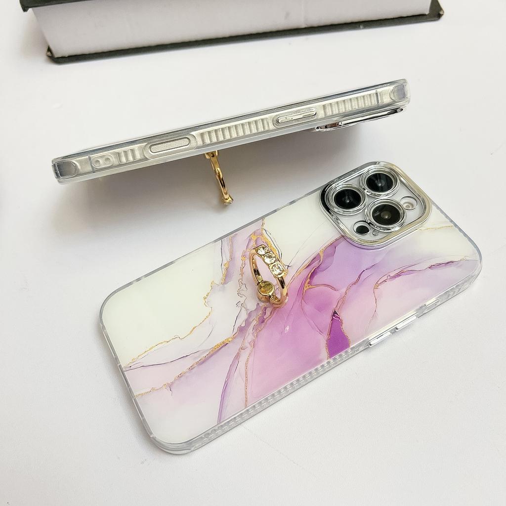 For iPhone 16 Pro Case with Kickstand IMD Marble Pattern Electroplated Phone Cover