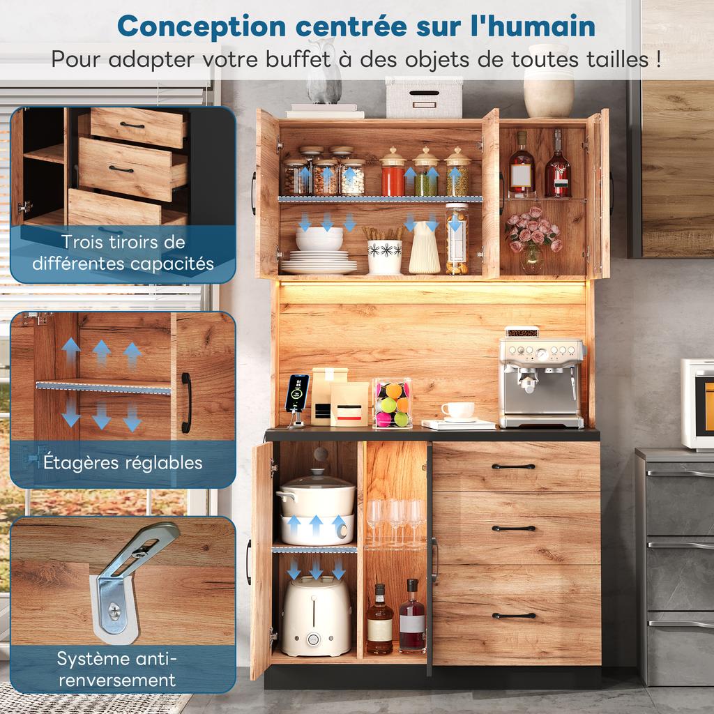 105 × 40 × 180 Cm Modern Tall Kitchen Cabinet, Black and Wood-look with LED Lighting, Adjustable Shelves and Euro-style Socket