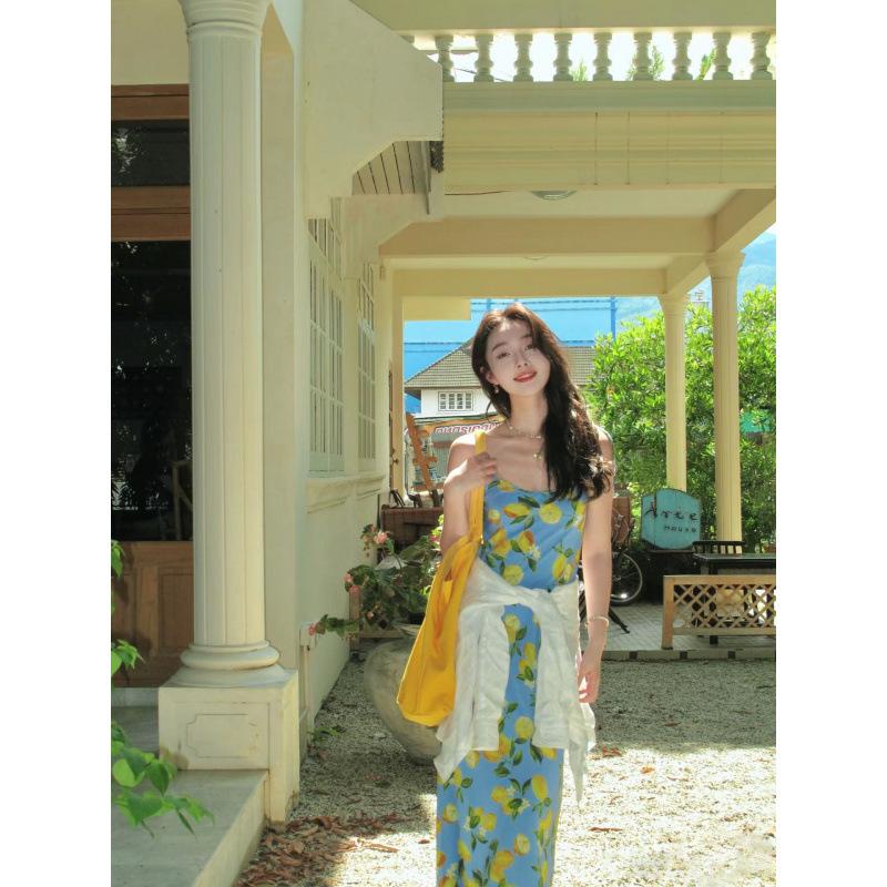 Platycodon Lemon Print Dress, Seaside Vacation Wear with Suspenders Skirt Temperament Gentle Long Skirt Summer